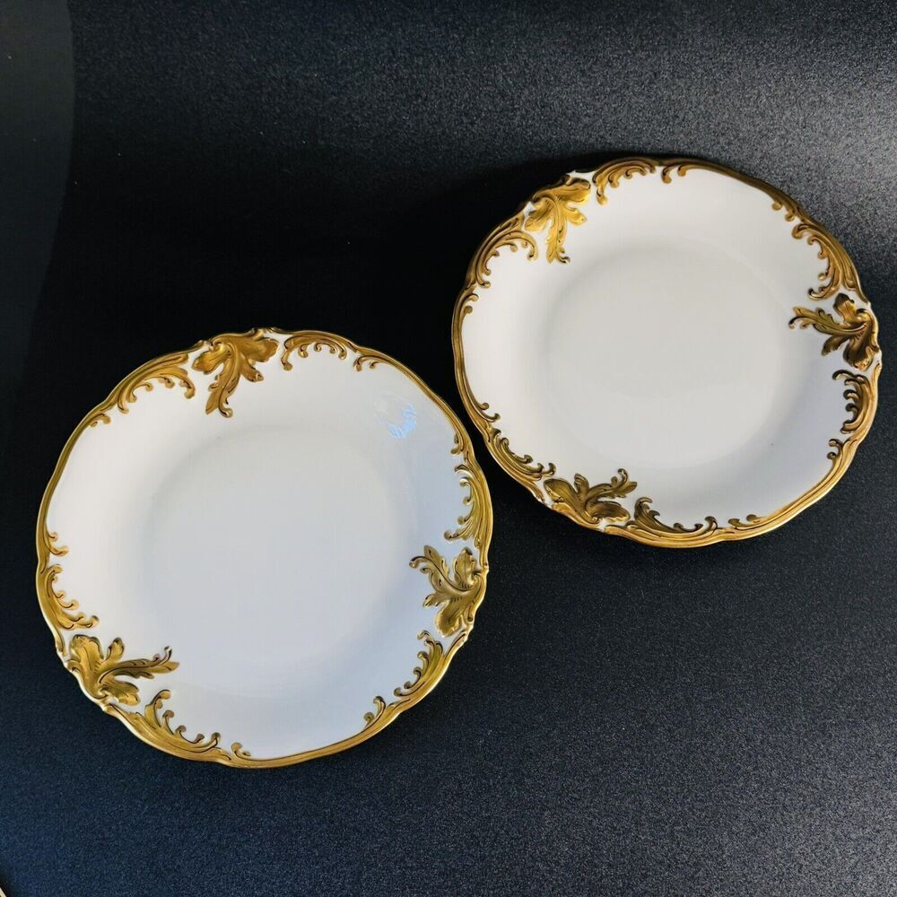 Wawel 2 Dessert Salad Plates Walbrzych Poland Heavy Gold Encrusted Scrolls 7.5”